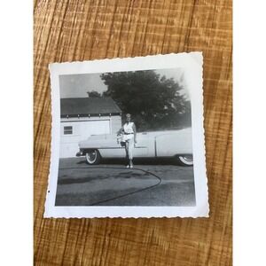 Vintage 1950s Black White Photo Woman Posing with Cadillac Convertible 3.5x3.5